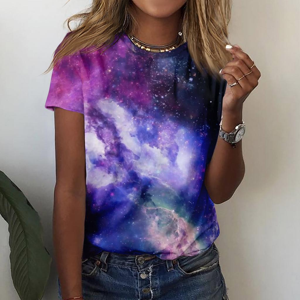 Camiseta feminina casual solta estampada gola redonda pulôver manga curta top