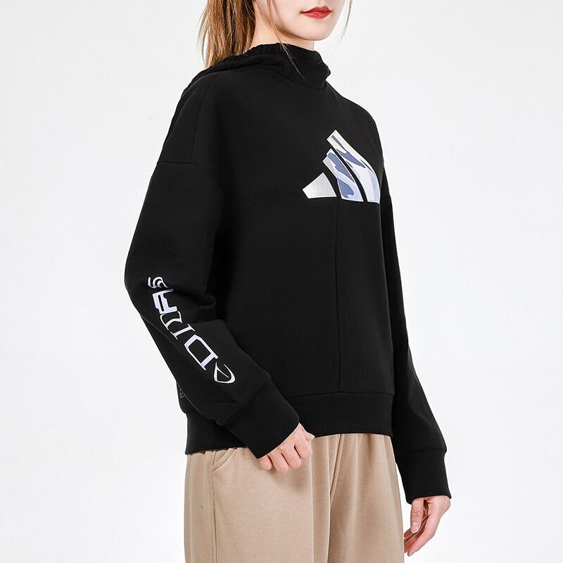 Adidas Logo Print Casual Hoodie With Long Sleeves Women Tops Black H09755