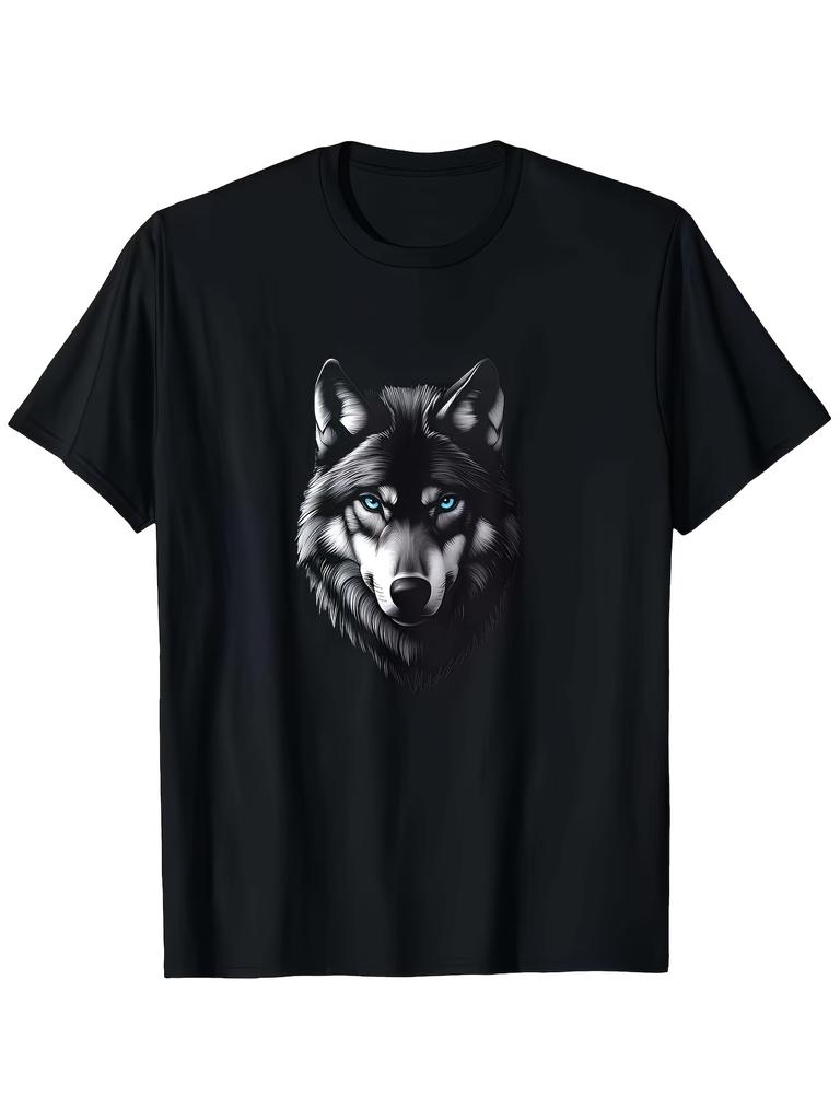 Men's Wolf Head Print T-Shirt - Durable and Wear-resistant Wolf Head Design, Black Casual Crew Neck Short Sleeve, Suitab