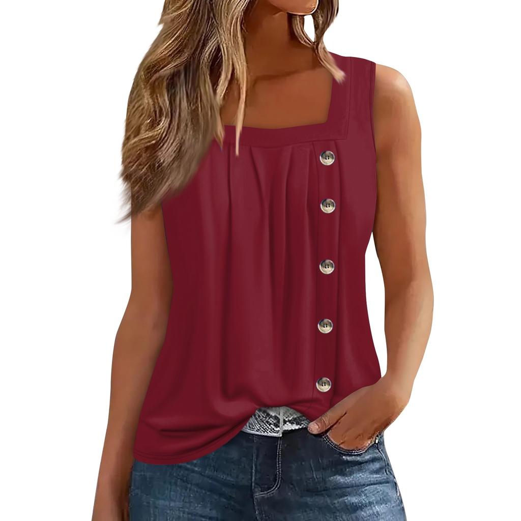 Women's Fashion Casual Basic Pleated Plain Button Square Collar Sleeveless Vest Print Summer Tank Tops
