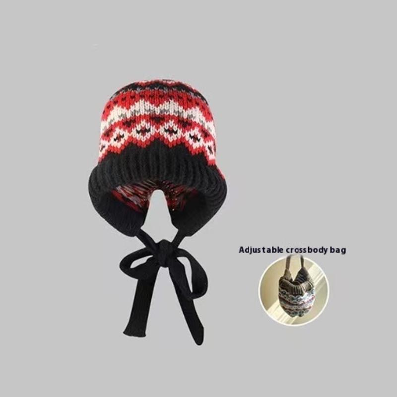 Korean Hood Scarf Balaclava Hat Ear Protection Warm Bomber Hats Women Retro Strap Bow Beanies Winter Accessories Knitted Law Hat