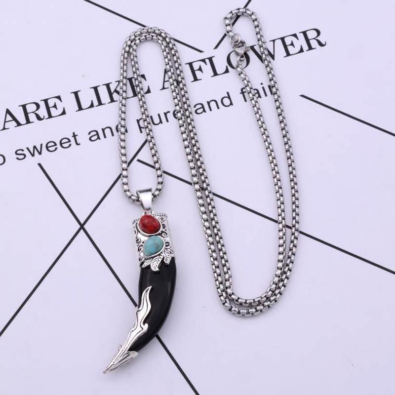 Ethnic Turquoise Tibetan Necklace with Dog Tooth Pendant