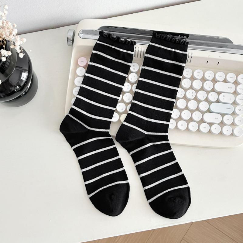 Women's Summer Socks with Mesh, Black Fungus Edges, Pile Socks, Lace Bows, Mid-calf Socks, Boneless Breathable Socks