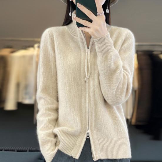 Women Knitted Sweater Coat High Collar Long Sleeve Double Zipper Placket