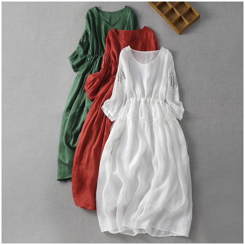 2023 Summer Retro Women's Plus Size Cotton Linen Dress with Hollow Design and Loose Waist