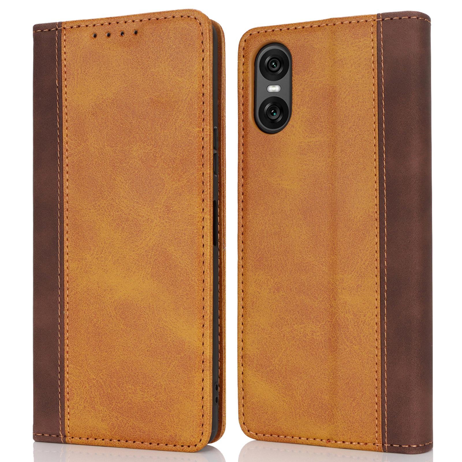 

For Sony Xperia 10 VI Case Calf Texture 3 Card Slots Color Splicing Leather Phone Cover Yellow+Brown