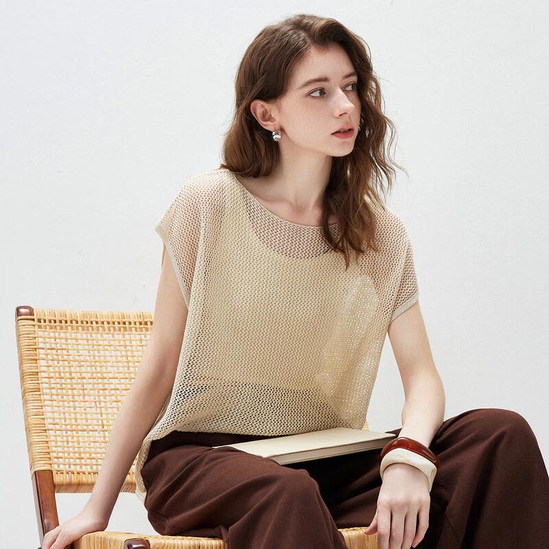 Women s Hollow Out Boat Neck Linen Knit Top L