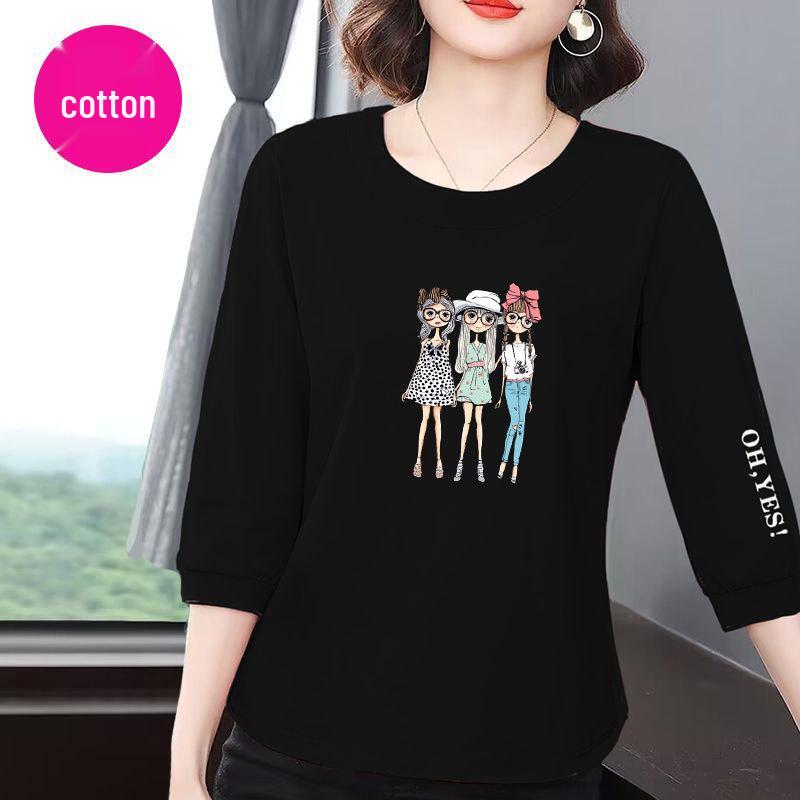 Women's Slimming Cotton Seven-Sleeve T-Shirt - Summer 2025 Korean Style, Loose & Versatile