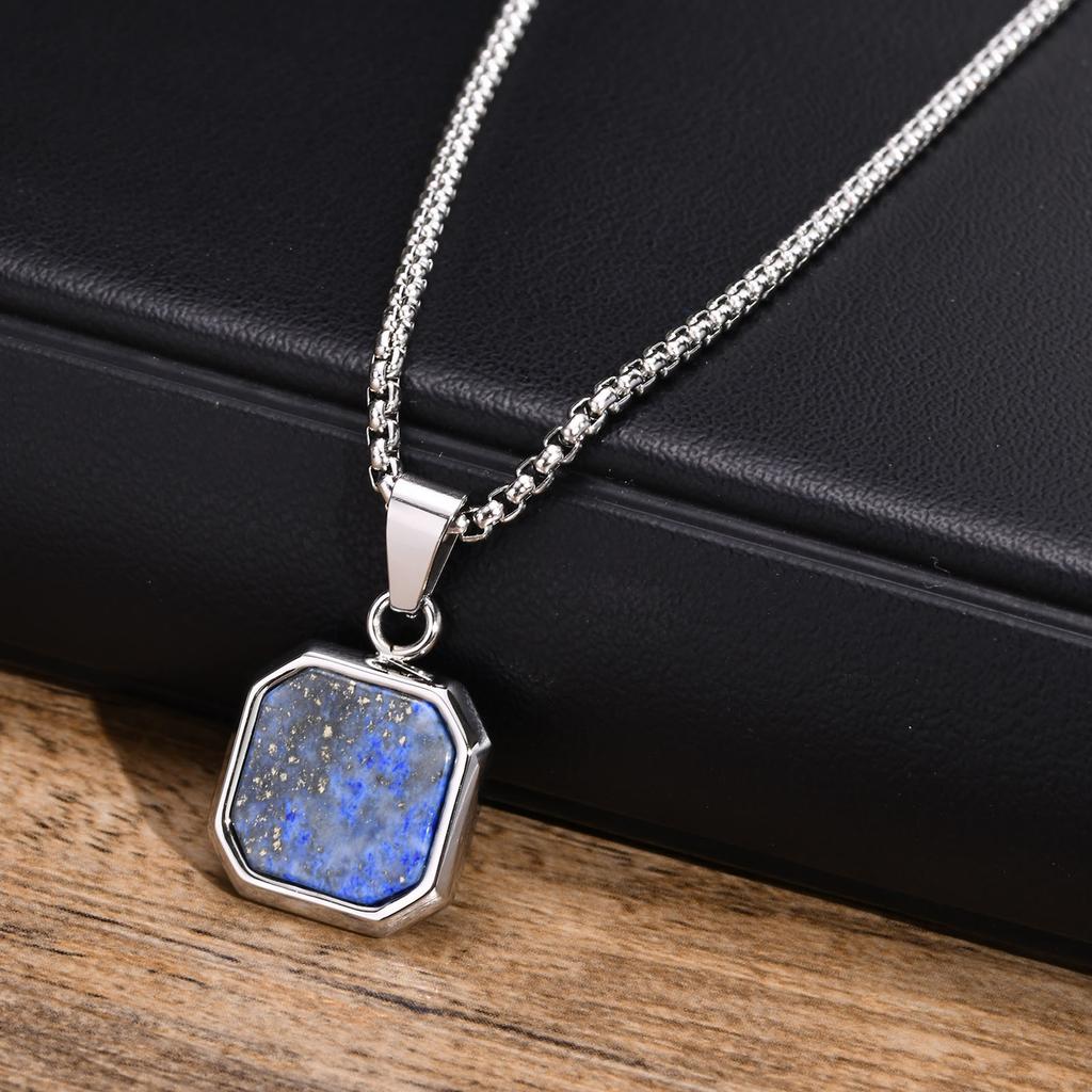 Stainless Steel Rectangle Natural Stone Pendant Necklaces, Minimalist Dainty Chain Necklace, Luxury Fashion Jewelry For Men Gift