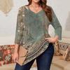 Women's Print Plus Size Tops Hollow V Neck 3/4 Sleeve Shirt Elegant Casual Tops