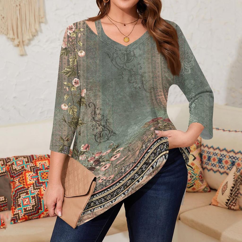 Women's Print Plus Size Tops Hollow V Neck 3/4 Sleeve Shirt Elegant Casual Tops