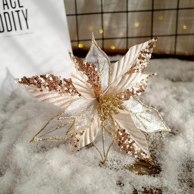 Glitter Christmas Artificial Flowers Fabric Plastic Ornaments Xmas Tree Decorations DIY Accessories 24cm Christmas Fake Flower