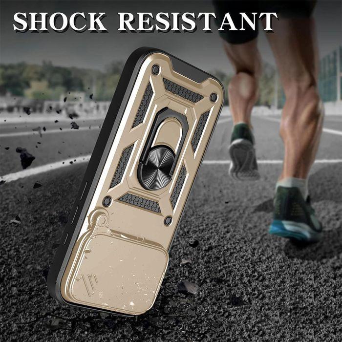 Coque pour iPhone 18 Pro Max, Résistante avec Anneau et Cache Caméra Coulissant - Doré