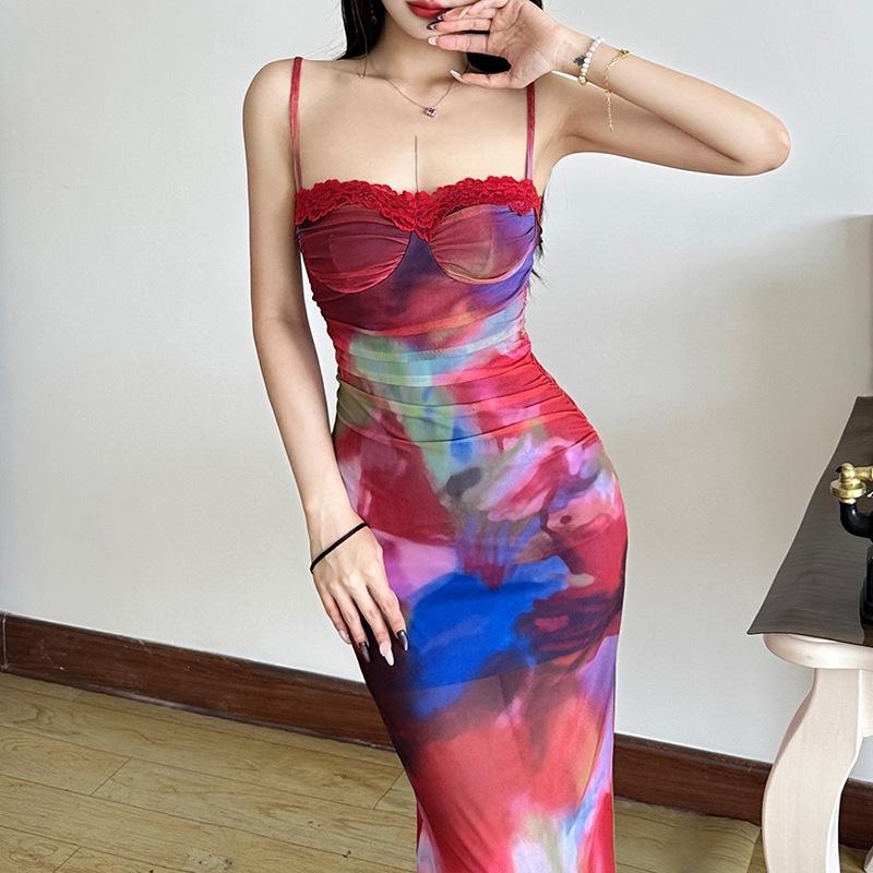 2026 European and American women's clothing summer new casual painted printing sexy suspender slim hip dress women
