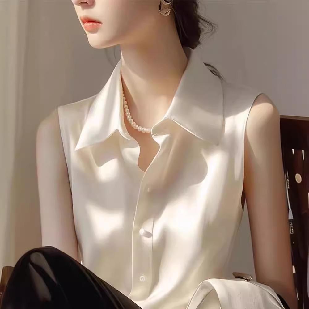 

Women s High-End Satin Sleeveless French Summer Blouse Extra Large