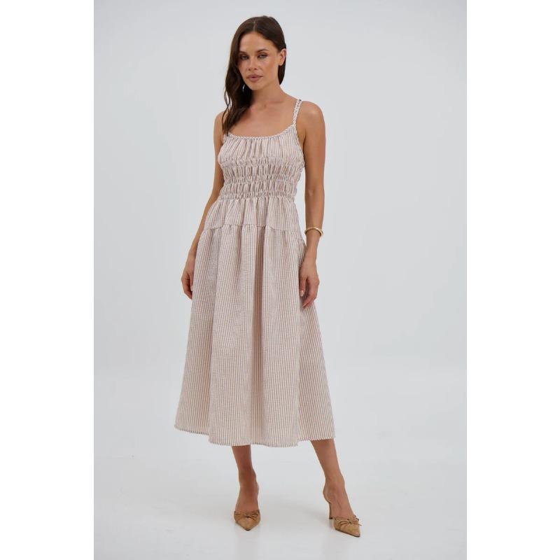 Women Sexy Loose Striped Suspender High Waist Slimming Commuting Midi Dress