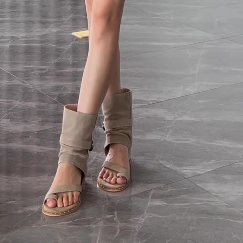 Summer French Short Boots Toe Flat Sandals Slope Heel Inner Heightening Cool Boots Women's Roman Shoes Boots