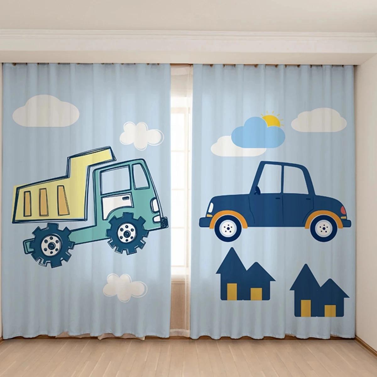 

New Cute Blue Yellow Toy Car Excavator Curtain for Children s Room Boys Bedroom Baby Room kindergarten Window 2Panel New Pattern for daily use W65X60H(cm)X2Pcs&Grommet Top