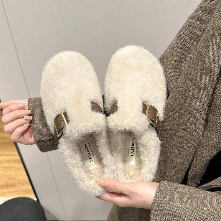 Mao Mao Slippers Women's Outer Wear 2025 New Autumn and Winter One-pedal High-end Mink Plush Cotton Slippers