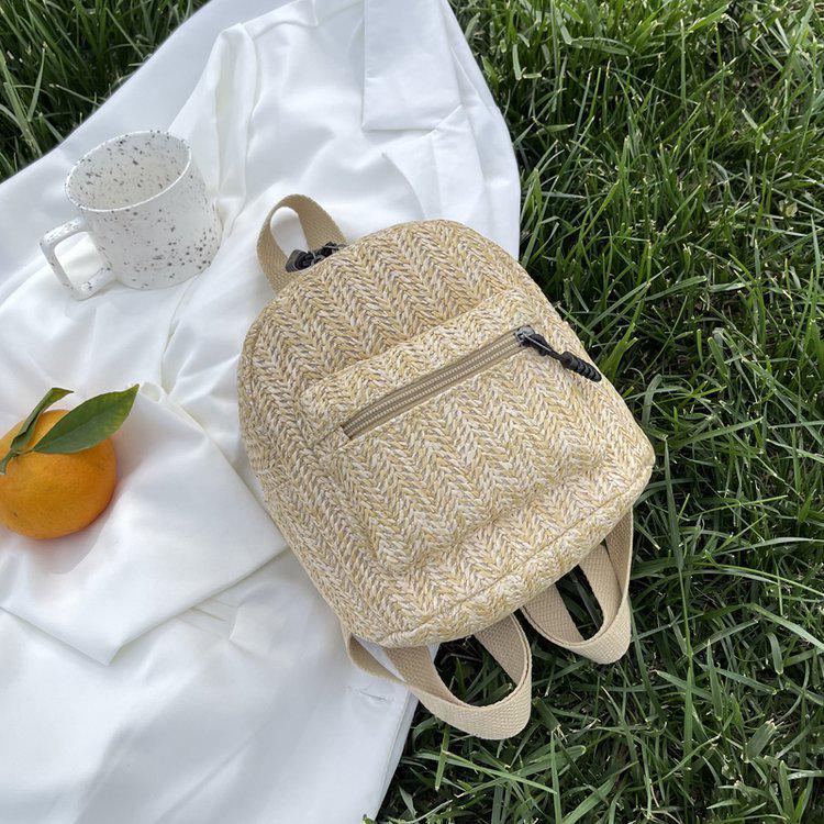 Ethnic Style Double-Layer Zipper Straw Backpack