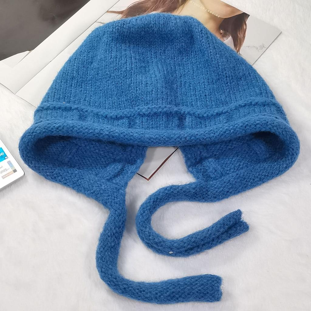 Wool hat women's winter wool lace-up knitted hat solid color fashionable versatile face small warm ear protection Lei Feng hat