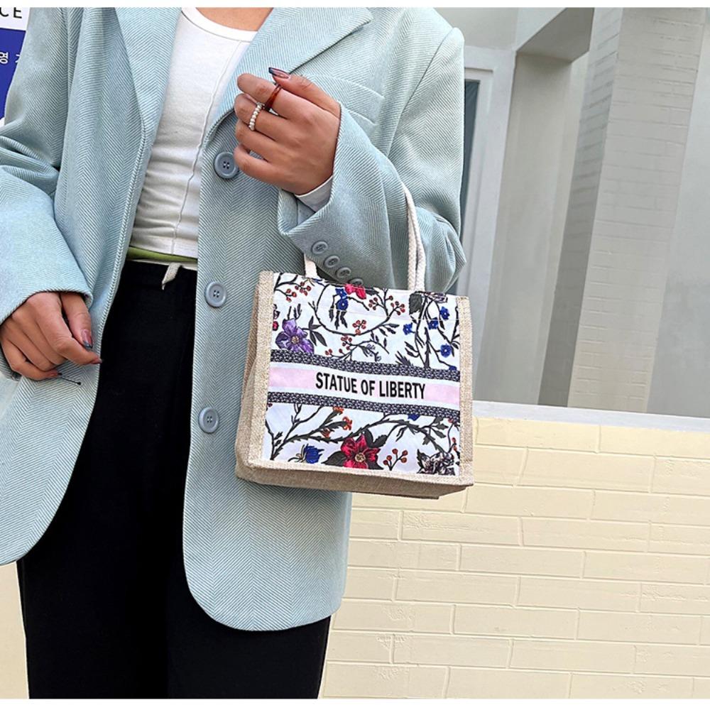 Portable Linen Tote Bag High-capacity Outing Leisure Handbag Lady Shoulder Bag Cosmetic Bag Student Lunch Bag Storage Bag