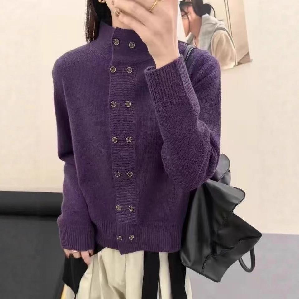 Korean double-breasted stand-up neck knitted cardigan women's autumn and winter design sense temperament loose sweater jacket huge good-looking top