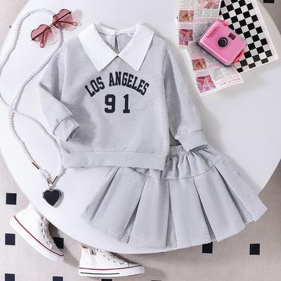 Girls' Sets Spring/Summer Children's Alphanumeric Printed Long-sleeved Sweatshirt + Pleated Skirt