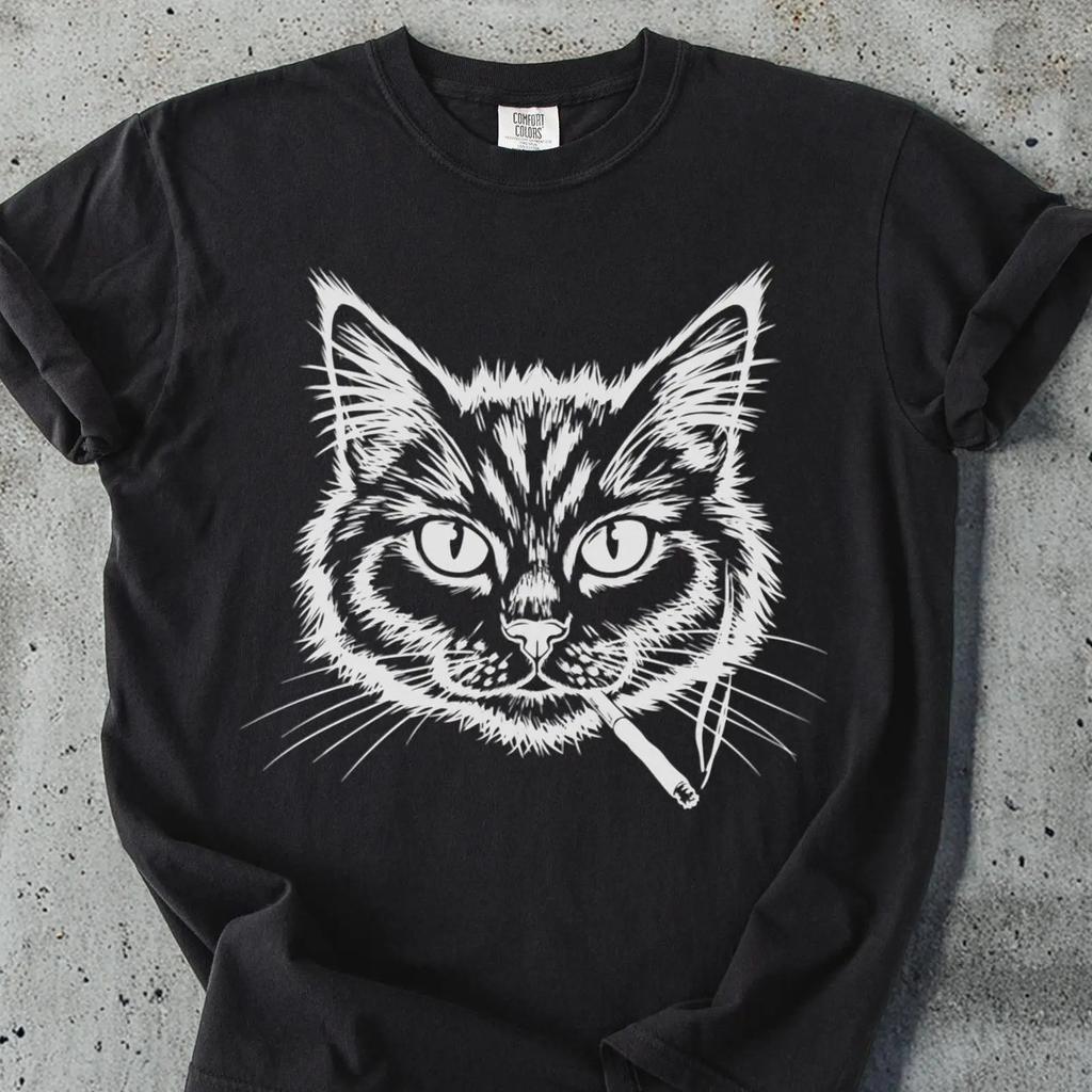 Smoking Cat T Shirt Funny Novelty Lover Vintage Washed Stretched Casual Breathable Comfortable Graphic Stylish Unisex Homme