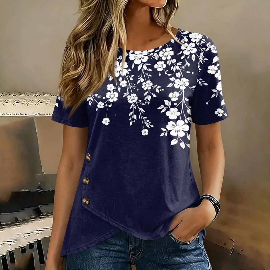 Damen Kurzarm Rundhals Oberteil Blumenprint Knopfdetail Lässiges T-Shirt Bluse Leichter Weicher Stoff Patchwork Design
