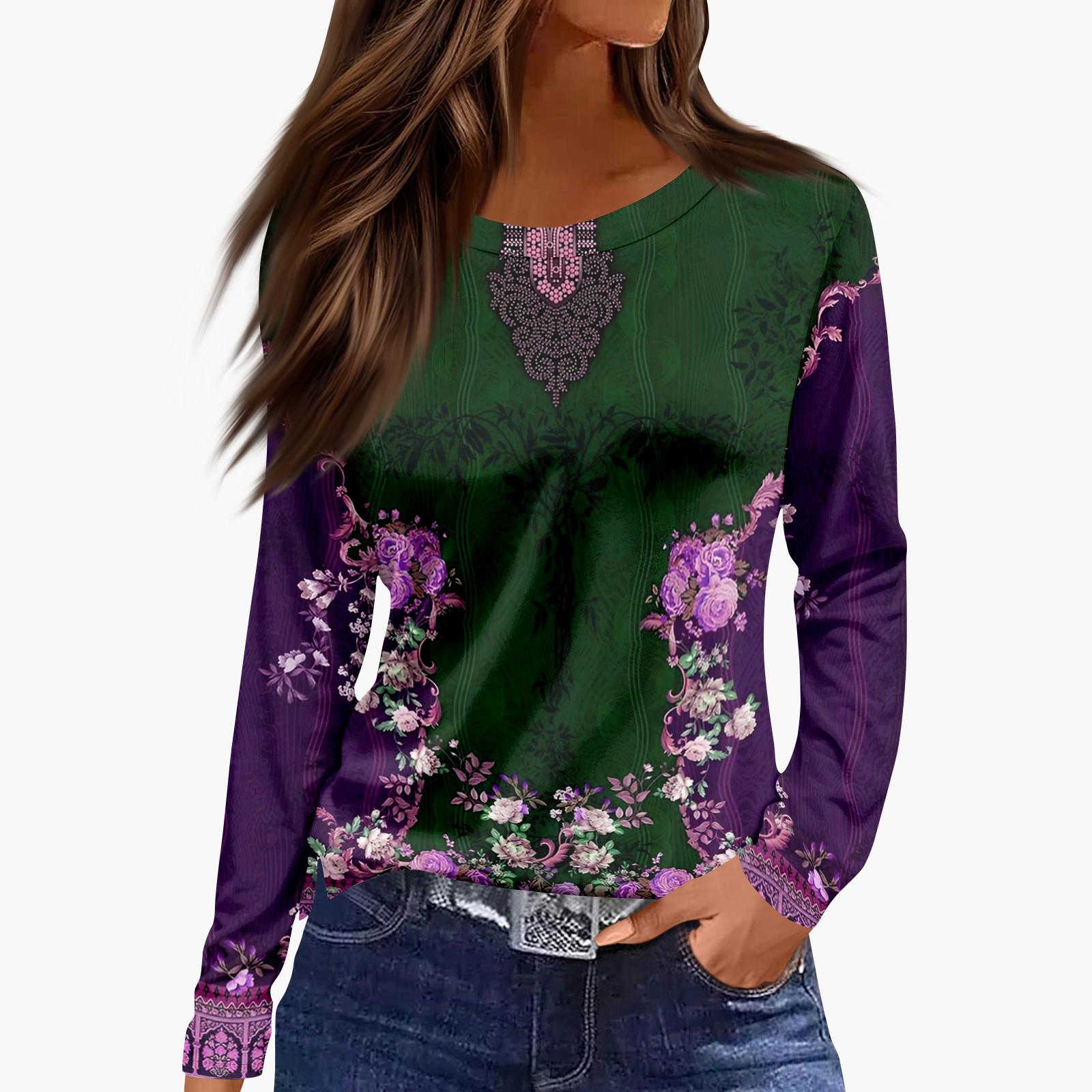 

Ladies Casual Round Neck Floral Printed Long Sleeved Shirt XXL фіолетовий