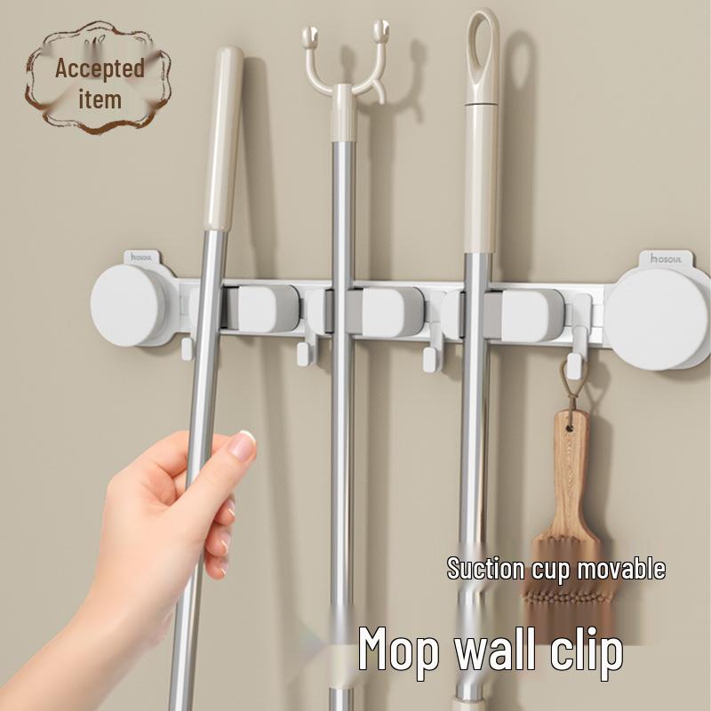 Strong Suction Mop Holder: No-Drill, Traceless, Wall Mount Clip for Kitchen or Bathroom with Widened, Movable, Load-Bearing Hook.