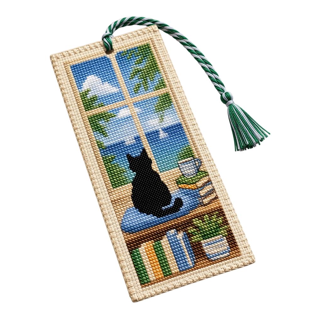 Seasonal Cat Cross Stitch Bookmark with Tassel Handmade Needlepoint Reading Accessory for Book Lovers and Craft Enthusiasts