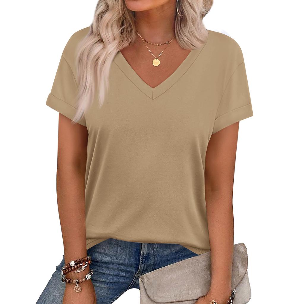 Women's Casual V Neck Short Sleeve Top Relaxed Fit Lightweight Soft Fabric Comfortable Daily Wear Summer Spring Blouse