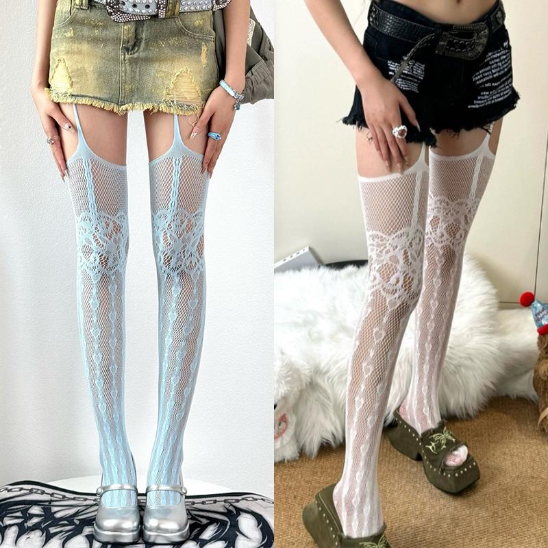 1/2 Pairs Y2K Style Fishnet Suspender Stockings Women Hollow Out Mesh Jacquard Garter Belt Tights Love Heart Pattern Jk