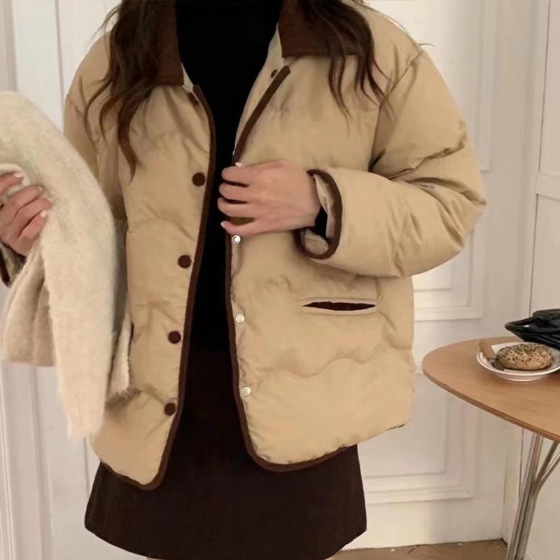 Casual Down Coats Women Korean Fashion Cotton Padded Jacket Female Autumn Winter Long Sleeve Single Breasted Warm Solid Parkas