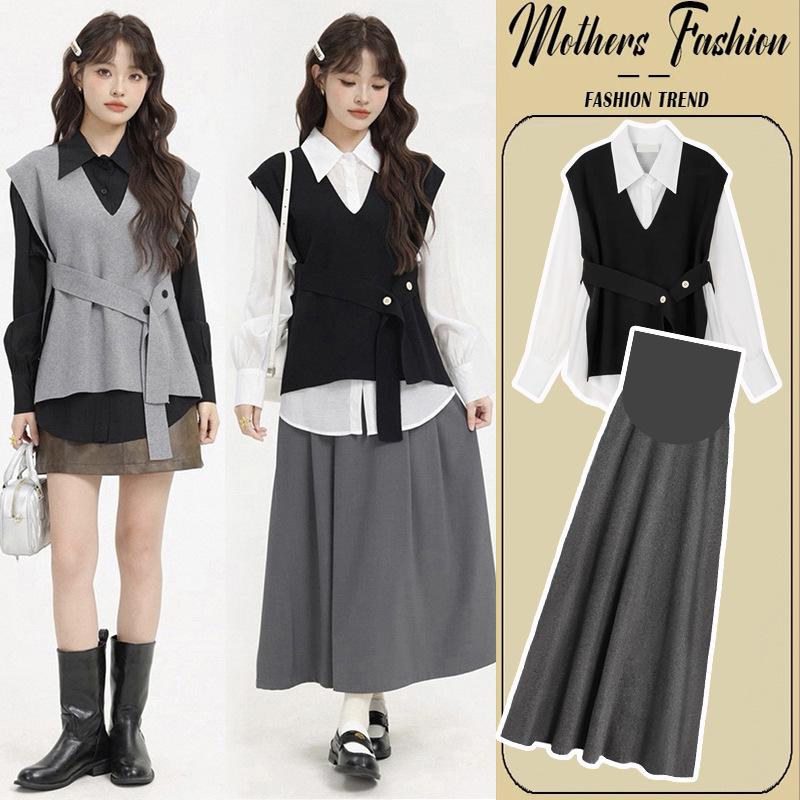 2026 Spring Maternity Fashion Set: Shirt + Vest Sweater & Skirt Combo Large