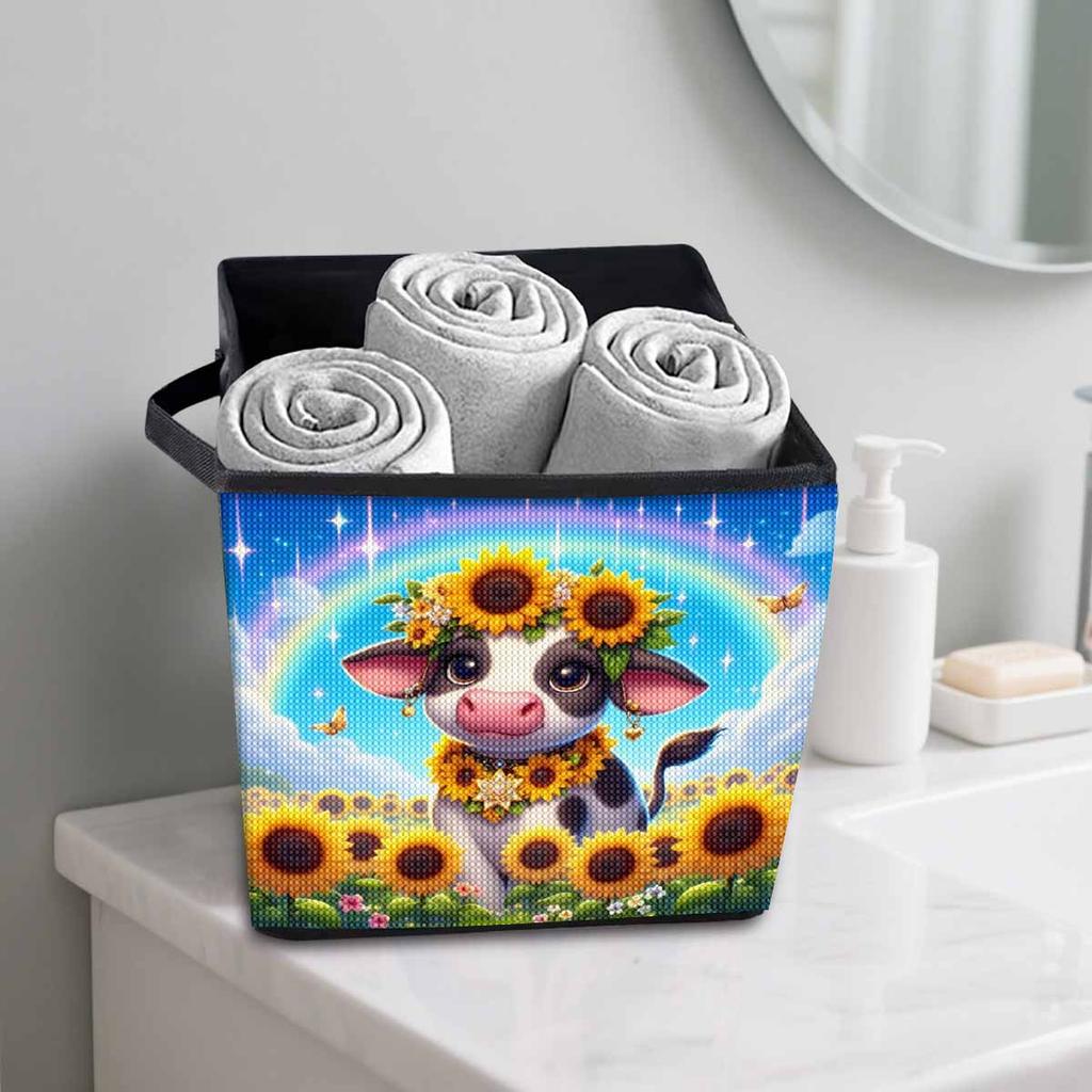 Sonnenblumen und Kühe 5D Diamantmalerei Aufbewahrungskorb Vollrunde Bohrer Mosaik Diamantstickerei Kreuzstich-Kits Heimdekoration Heimdekoration
