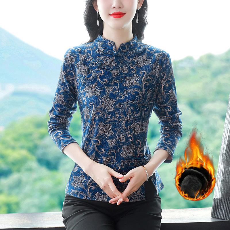Winter Mama Fleece Unterteil Damen Retro Chinesischer Knopf Tang Kleidung Hemd Oberteil