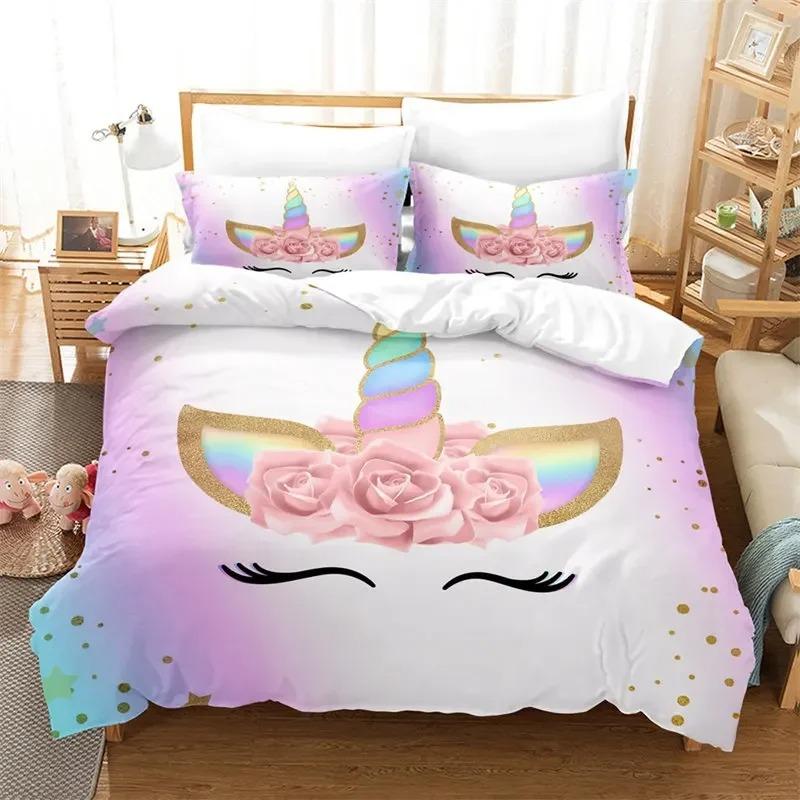 Magical Unicorn Ultra Soft Girls King Queen Bedding Set Microfiber With Sparkle Stars Print Duvet Cover Pillow Case Home Textile