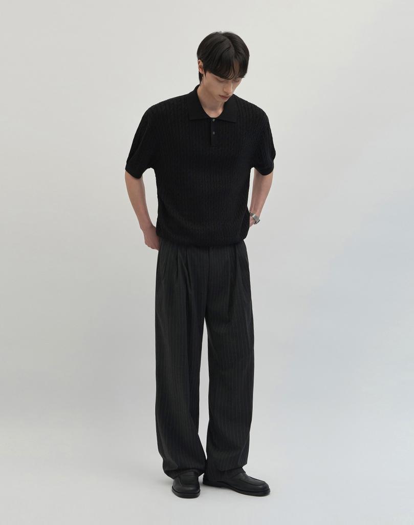 WORK ON BODY OFF Cool Bamboo Semi-Overfit Cable Collar Short Sleeve Knit [Black]