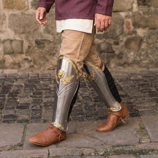 Medieval Steel Greaves with Gold Lion Motif Renaissance Leg Armor LARP Warrior Guards Fantasy Knight Cosplay Costume Roman Style