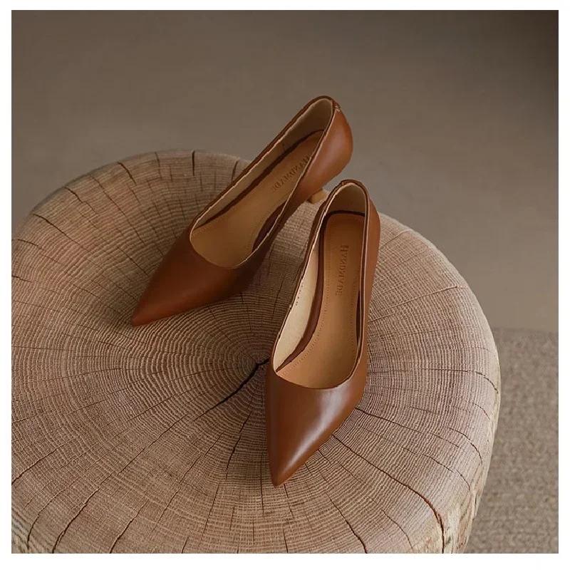 Fashion Spring and Summer New Minimalist Shallow Mouth Slim Heel Single Shoes Female Pointed High Heels Small Leather Shoes