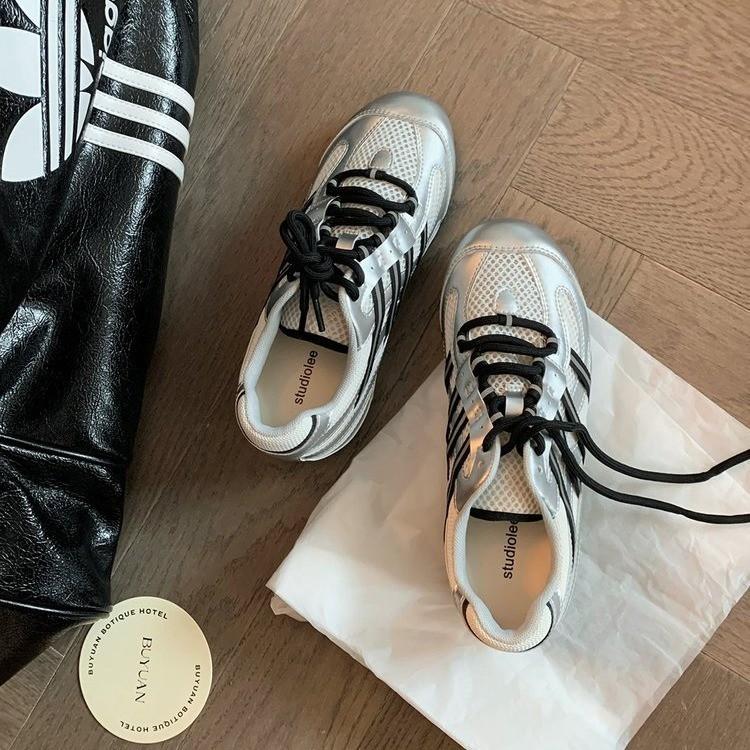 Mesh Striped Lace-up German Training Shoes Women's 2025 Summer New Fashionable Versatile Feet Small Breathable Casual White Shoes