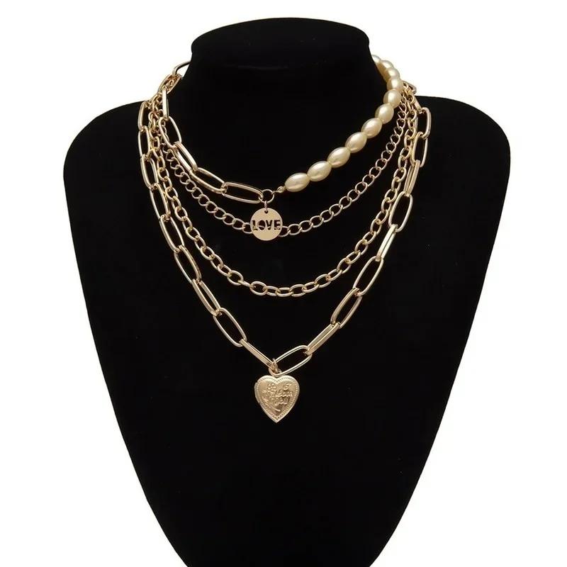 Collana Iniziale con Ciondolo a Lettera Semplice Retro con Perla per Donna Gioielli Collana a Catena Grossa a Strati Multipli Dichiarazione Boho