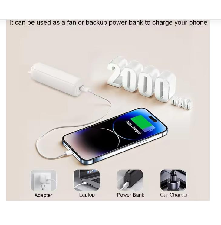 Xiaomi Portable Fan 2000mAh USB Rechargeable 3 Speed Mini Handheld Foldable Fan Hand Held Small Pocket Travel Fan with Handy Power Bank