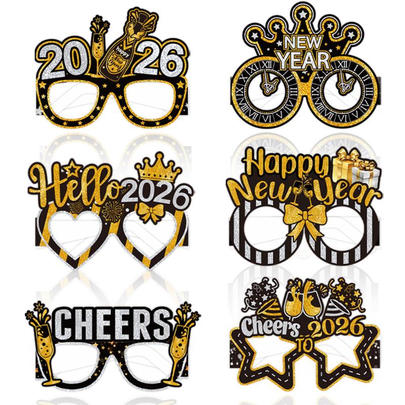 

6Pcs/Set 2026 Happy New Year Black Gold New Year Paper Glasses Photo Props A2