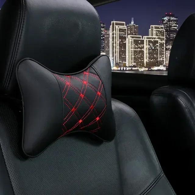 1pc Car Neck Pillow Both Side Pu Leather Headrest For Head Pain Relief Filled Fiber Black And Red Line Car Pillow 28x18x9cm