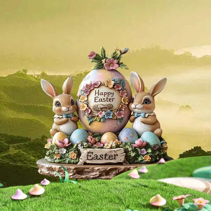 Easter Bunny Ornament Flat Acrylic Ornament Rabbit House Single Desktop Home Office Garden Ornament Yard Decoration Gift