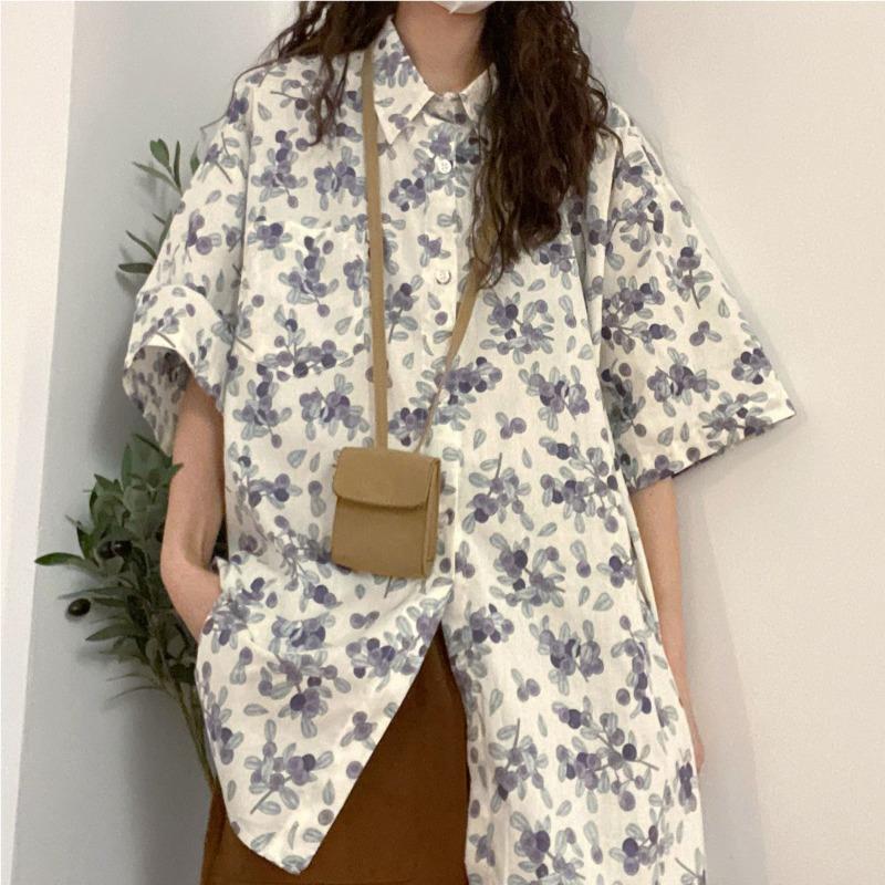 

Женские рубашки с французским принтом с коротким рукавом, летние тонкие универсальные блузки свободного кроя средней длины с лацканами и застежкой на одну пуговицу XL